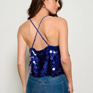 Women's Sleeveless Cissscross Back Sequins Tank Top Royal Blue